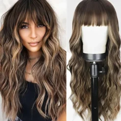 Ombre Dirty Blonde Wigs with BangsAsh Blonde Long Wavy Wig for WomenLong Curly Synthetic Hair Wig for Party Daily Use 24IN