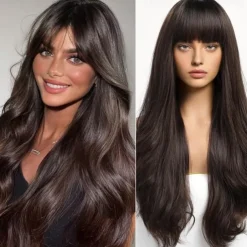 Ombre Dirty Blonde Wigs with BangsAsh Blonde Long Wavy Wig for WomenLong Curly Synthetic Hair Wig for Party Daily Use 24IN