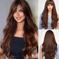 Ombre Dirty Blonde Wigs with BangsAsh Blonde Long Wavy Wig for WomenLong Curly Synthetic Hair Wig for Party Daily Use 24IN