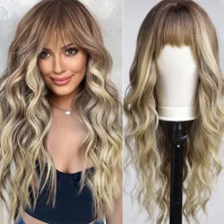 Ombre Dirty Blonde Wigs with BangsAsh Blonde Long Wavy Wig for WomenLong Curly Synthetic Hair Wig for Party Daily Use 24IN