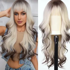 Ombre Dirty Blonde Wigs with BangsAsh Blonde Long Wavy Wig for WomenLong Curly Synthetic Hair Wig for Party Daily Use 24IN