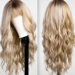 Ombre Dirty Blonde Wigs with BangsAsh Blonde Long Wavy Wig for WomenLong Curly Synthetic Hair Wig for Party Daily Use 24IN