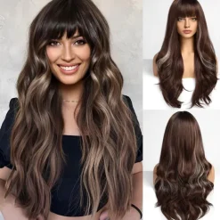 Ombre Dirty Blonde Wigs with BangsAsh Blonde Long Wavy Wig for WomenLong Curly Synthetic Hair Wig for Party Daily Use 24IN