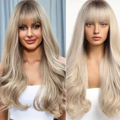 Ombre Dirty Blonde Wigs with BangsAsh Blonde Long Wavy Wig for WomenLong Curly Synthetic Hair Wig for Party Daily Use 24IN