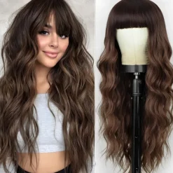 Ombre Dirty Blonde Wigs with BangsAsh Blonde Long Wavy Wig for WomenLong Curly Synthetic Hair Wig for Party Daily Use 24IN