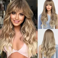 Ombre Dirty Blonde Wigs with BangsAsh Blonde Long Wavy Wig for WomenLong Curly Synthetic Hair Wig for Party Daily Use 24IN