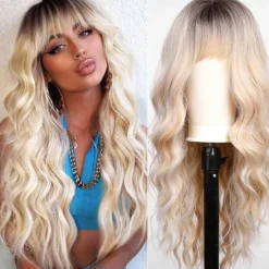 Ombre Dirty Blonde Wigs with BangsAsh Blonde Long Wavy Wig for WomenLong Curly Synthetic Hair Wig for Party Daily Use 24IN
