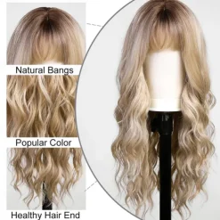 Ombre Dirty Blonde Wigs with BangsAsh Blonde Long Wavy Wig for WomenLong Curly Synthetic Hair Wig for Party Daily Use 24IN