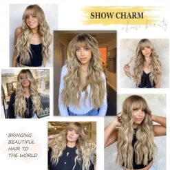 Ombre Dirty Blonde Wigs with BangsAsh Blonde Long Wavy Wig for WomenLong Curly Synthetic Hair Wig for Party Daily Use 24IN