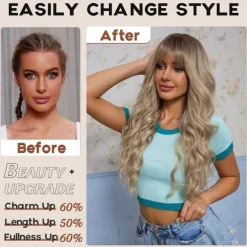 Ombre Dirty Blonde Wigs with BangsAsh Blonde Long Wavy Wig for WomenLong Curly Synthetic Hair Wig for Party Daily Use 24IN