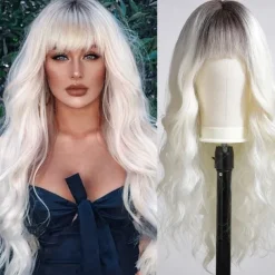 Ombre Dirty Blonde Wigs with BangsAsh Blonde Long Wavy Wig for WomenLong Curly Synthetic Hair Wig for Party Daily Use 24IN