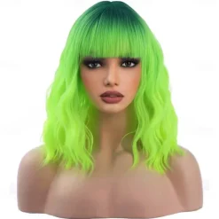 Ombre Green Wigs for Women 14 Inches Short Wavy Neon Green Wig With Bangs Fluorescent Green Short Wigs for Cosplay Party Daily Wigs Wig Cap Included Christmas Party Wigs St.Patrick's Day Wigs