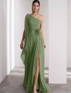 One Shoulder A-Line Chiffon Feather Evening Gown Elegant Dress Formal Floor Length Sleeveless Ruched Shawl