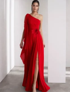One Shoulder A-Line Chiffon Feather Evening Gown Elegant Dress Formal Floor Length Sleeveless Ruched Shawl