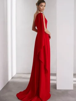 One Shoulder A-Line Chiffon Feather Evening Gown Elegant Dress Formal Floor Length Sleeveless Ruched Shawl