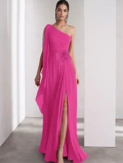 One Shoulder A-Line Chiffon Feather Evening Gown Elegant Dress Formal Floor Length Sleeveless Ruched Shawl