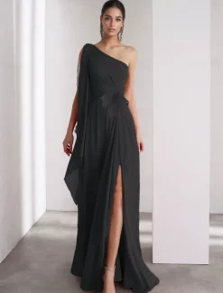One Shoulder A-Line Chiffon Feather Evening Gown Elegant Dress Formal Floor Length Sleeveless Ruched Shawl