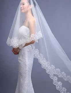 One-tier Classic Style / Lace Wedding Veil Chapel Veils with Solid / Pattern POLY / Lace