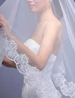 One-tier Classic Style / Lace Wedding Veil Chapel Veils with Solid / Pattern POLY / Lace