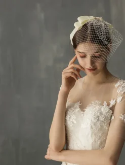 One-tier Stylish Wedding Veil Blusher Veils / Birdcage Veils with Ribbon Bow Tulle