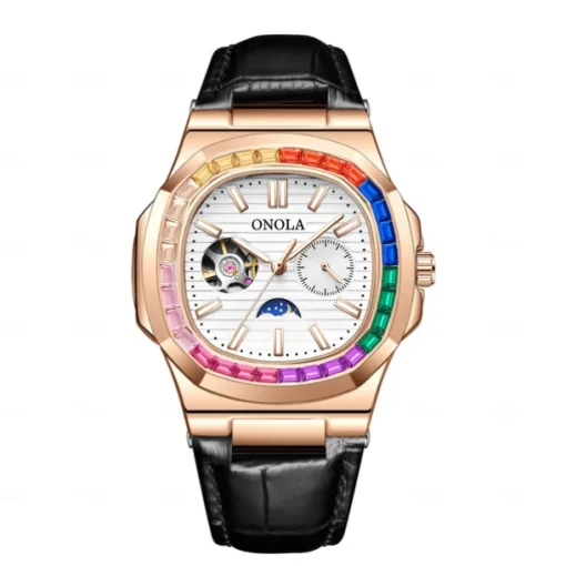 ONOLA Men Mechanical Watch Fashion Business Wristwatch Automatic Self-winding Moon phase Luminous Waterproof Leather Watch