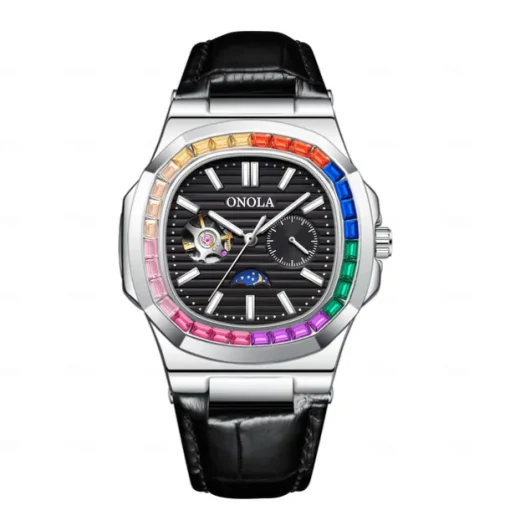 ONOLA Men Mechanical Watch Fashion Business Wristwatch Automatic Self-winding Moon phase Luminous Waterproof Leather Watch