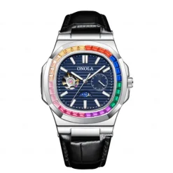 ONOLA Men Mechanical Watch Fashion Business Wristwatch Automatic Self-winding Moon phase Luminous Waterproof Leather Watch