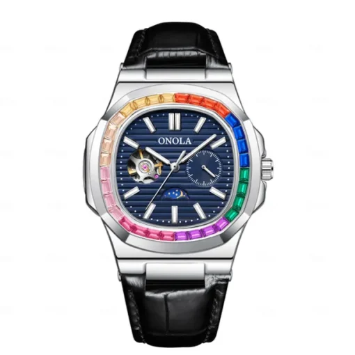 ONOLA Men Mechanical Watch Fashion Business Wristwatch Automatic Self-winding Moon phase Luminous Waterproof Leather Watch
