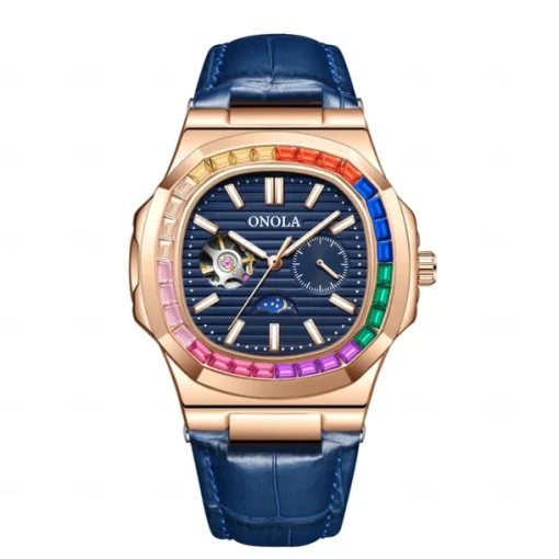 ONOLA Men Mechanical Watch Fashion Business Wristwatch Automatic Self-winding Moon phase Luminous Waterproof Leather Watch