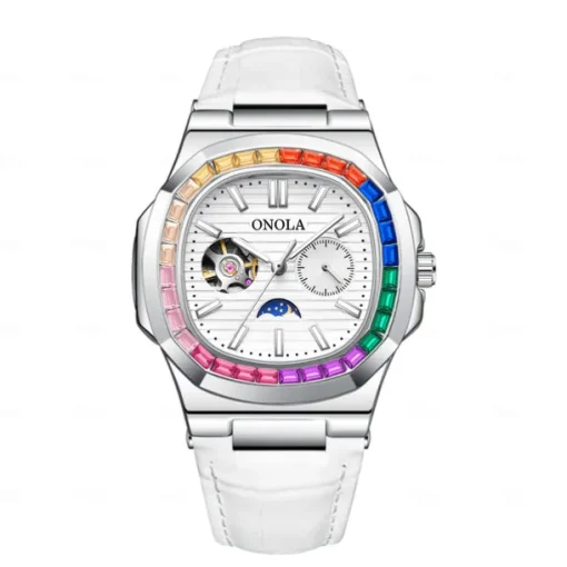 ONOLA Men Mechanical Watch Fashion Business Wristwatch Automatic Self-winding Moon phase Luminous Waterproof Leather Watch