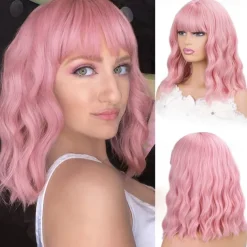 Orange Red Wigs for Women Short Wavy Bob Wig with Bangs Curly Ginger Wig Shoulder Length Copper Red Hair 14 Inch Colored Synthetic Wig for Cosplay Daily Party Use Halloween Wigs