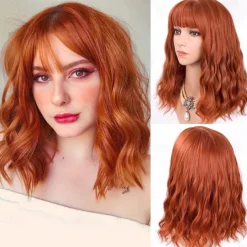 Orange Red Wigs for Women Short Wavy Bob Wig with Bangs Curly Ginger Wig Shoulder Length Copper Red Hair 14 Inch Colored Synthetic Wig for Cosplay Daily Party Use Halloween Wigs