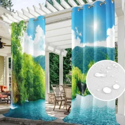 Outdoor Curtains for Patio Waterproof Blackout Outside Deck for Gazebo Pavilion Pergola Arbor Sun Room, 2 Panels, Waterfall River