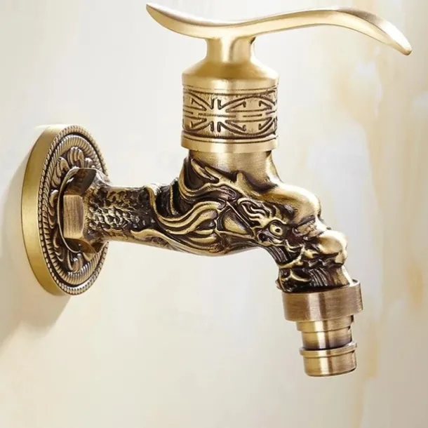 Outdoor Faucet,Wall Mount Antique Brass Faucet,Garden Outdoor Decorative Hose 1/2 inch Connection Spigot Carving Desigh with Cold Water Only