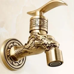 Outdoor Faucet,Wall Mount Antique Brass Faucet,Garden Outdoor Decorative Hose 1/2 inch Connection Spigot Carving Desigh with Cold Water Only