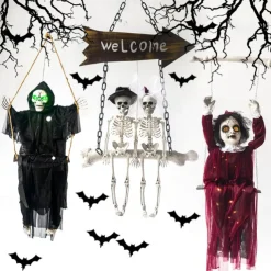Outdoor Halloween Decor Scary Voice Effects LED Hanging Decor Decorations Outdoor Scary Skeleton with Light Up Eyes Swing Flying for Yard Garden Patio Cute Halloween Decor