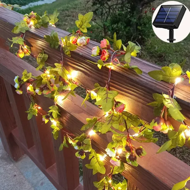 Outdoor Solar Roses Leaves Rattan String Lights 2m 20leds Fairy String Lights IP65 Waterproof St. Patrick's Valentines Wedding Party Garden Patio Balcony Home Outdoor Decoration