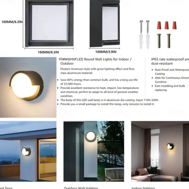 Outdoor Wall Lamp Porch Lamp 12W LED Matte Black Exterior Wall Lamp 3 Colors Can be Changed Suitable for Installing Wall Courtyard Lamp Garage Aisle Backyard Garden AC85-265V