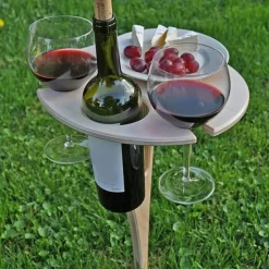 Outdoor Wine Table, Folding Wine Table Stake, Outdoor Wine Picnic Table, Portable Wine Glasses & Bottle Holder, Snack and Cheese Holder Tray for Backyard Camping, Beach, Wood Wine Rack