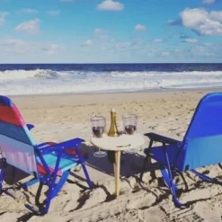 Outdoor Wine Table, Folding Wine Table Stake, Outdoor Wine Picnic Table, Portable Wine Glasses & Bottle Holder, Snack and Cheese Holder Tray for Backyard Camping, Beach, Wood Wine Rack