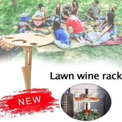 Outdoor Wine Table, Folding Wine Table Stake, Outdoor Wine Picnic Table, Portable Wine Glasses & Bottle Holder, Snack and Cheese Holder Tray for Backyard Camping, Beach, Wood Wine Rack
