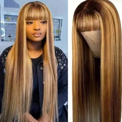 P4/27 Highlight Straight Human Hair Wigs With Bangs Full Machine Made Wigs 150% Density 12-26 Inch