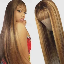 P4/27 Highlight Straight Human Hair Wigs With Bangs Full Machine Made Wigs 150% Density