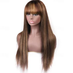 P4/27 Highlight Straight Human Hair Wigs With Bangs Full Machine Made Wigs 150% Density