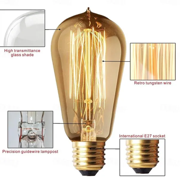 6-Pack 40W Edison Light Bulbs ST58 Filament Vintage Bulb Antique Style Incandescent Light Bulbs - AC220/110V E26/E27 Base -Clear Glass- Tear Drop Top Lamp for Chandeliers Wall Sconces Pendant Lighting
