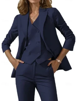 Pantsuit 3 Piece Casual Mother of the Bride Dress Elegant Vintage Simple Lapel Floor Length Stretch Fabric Long Sleeve with Buttons