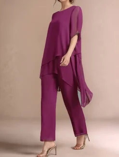 Pantsuit 2 Piece Mother of the Bride Dress Classic Crew Neck Elegant Asymmetrical Chiffon Short Sleeve with Solid Color