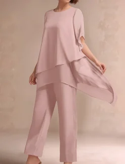 Pantsuit 2 Piece Mother of the Bride Dress Classic Crew Neck Elegant Asymmetrical Chiffon Short Sleeve with Solid Color