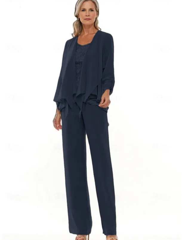 Pantsuit 3 Piece Mother of the Bride Wedding Elegant Crew Neck Floor Length Chiffon Long Sleeve with Lace Ruffles