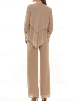 Pantsuit 3 Piece Mother of the Bride Wedding Elegant Crew Neck Floor Length Chiffon Long Sleeve with Lace Ruffles